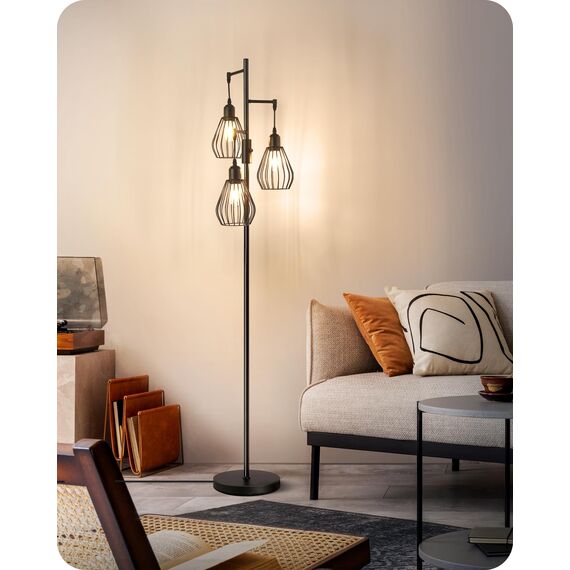 EDISHINE Stehlampe Wohnzimmer, 3-flammige Stehleuchte Dimmbar mit E27 LED-Glühbirnen, Käfig Lampenschirm aus Metall, 2700K warmweiß, Industrial Standleuchte für Schlafzimmer und Büro, 166 cm, Schwarz