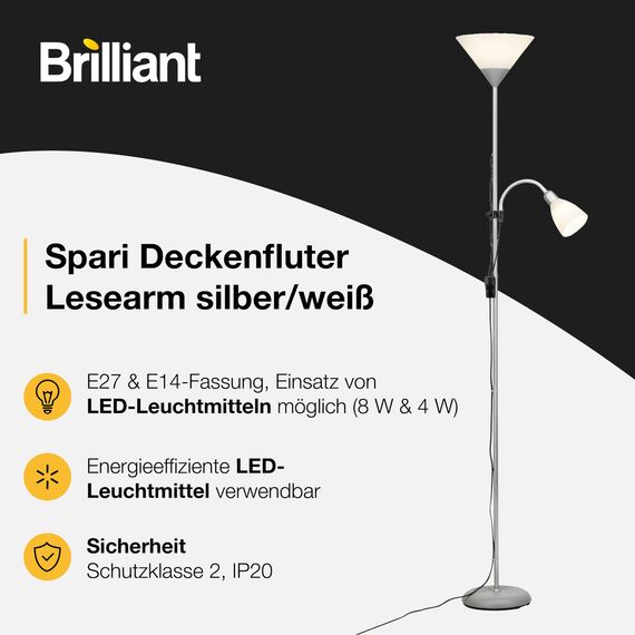 Brilliant Lampe Spari Deckenfluter Lesearm silber/weiß | 1x A60, E27, 60W, geeignet für Normallampen (nicht enthalten) | Mit Schnurzwischenschalter