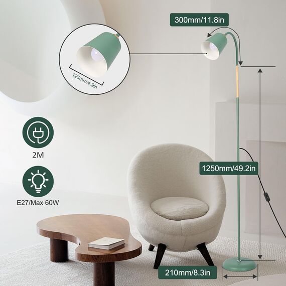 ANTEN Stehlampe | Höhenverstellbare Stehleuchte mit Schwanenhals & E27 Fassung, 159cm Leselampe für Wohnzimmer Schlafzimmer Arbeitszimmer, Modern in Salbeigrün (ohne Leuchtmittel)