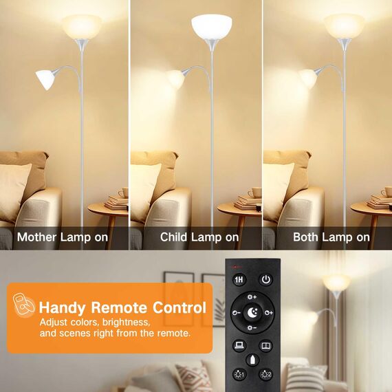 OUTON Stehlampe Wohnzimmer mit Leselampe, Deckenfluter LED Dimmbar, 4 Farbtemperaturen, 1H Timer, mit Fernbedienung und 9W Glühbirnen, für Wohnzimmer Büro Schlafzimmer, Silber Grau
