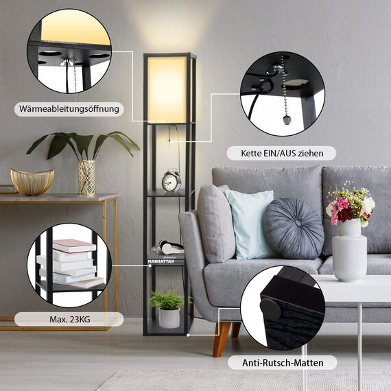 Fullwatt Stehlampe mit Holzregal Innenbeleuchtung Holz Stehleuchte mit Regalen für Schlafzimmer und Wohnzimmer (Schwarz & Glühbirne)
