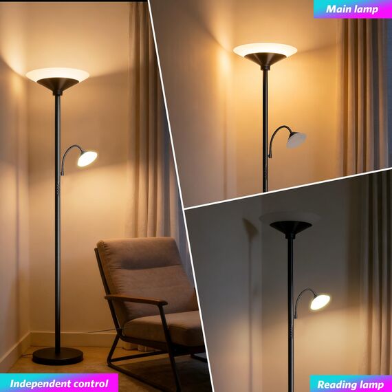 BBHome LED Stehlampe Wohnzimmer RGB, 27W Deckenfluter LED Dimmbar mit 6W leselampe, 3000K-6500K Moderne Dimmbar Stehlampe mit Fernbedienung & Berührung für Wohnzimmer, Schlafzimmer, Büro, Schwarz