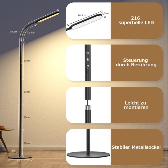 OUSFOT Led Stehlampe Dimmbar mit 3 Farbtemperaturen&Stufenlos Dimmbar 180cm Stehleuchte Leselampe mit Touch-Steuerung&Fernbedienung, verstellbare Schwanenhals für Schlafzimmer/Wohnzimmer/Büro Schwarz