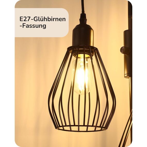 EDISHINE Stehlampe Wohnzimmer, 3-flammige Stehleuchte Dimmbar mit E27 LED-Glühbirnen, Käfig Lampenschirm aus Metall, 2700K warmweiß, Industrial Standleuchte für Schlafzimmer und Büro, 166 cm, Schwarz