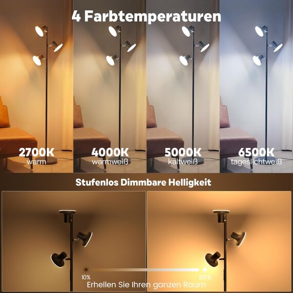 SIBRILLE Stehlampe LED Dimmbar, 36W Deckenfluter LED Dimmbar 2500LM mit Fernbedienung & Berührung 2700K-6500K, 3-Licht Leselampe Moderne Stehleuchte Stehlampe für Wohnzimmer Schlafzimmer Büro Hotel