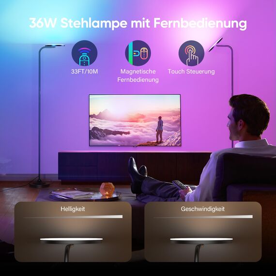 SIBRILLE LED Stehlampe Wohnzimmer RGB, 36W Superhelle Moderne Stehlampe Dimmbar mit Fernbedienung, 3000K-6000K Deckenfluter LED Leselampe Standleuchte Stehleuchte für Wohnzimmer Schlafzimmer Büro
