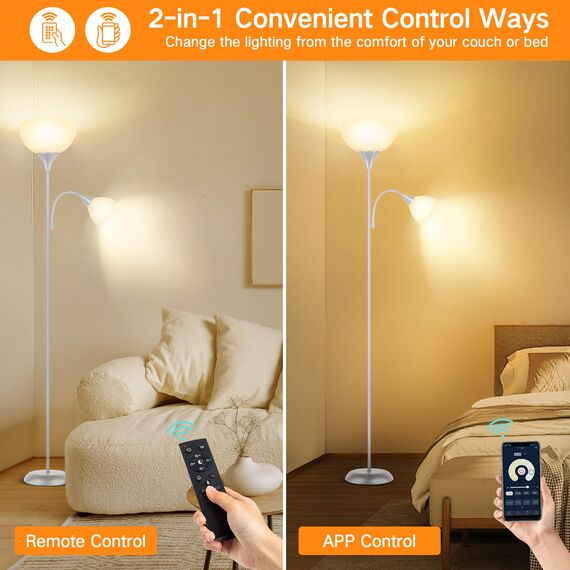 OUTON Stehlampe Wohnzimmer mit Leselampe, Deckenfluter LED Dimmbar, 4 Farbtemperaturen, 1H Timer, mit Fernbedienung und 9W Glühbirnen, für Wohnzimmer Büro Schlafzimmer, Silber Grau