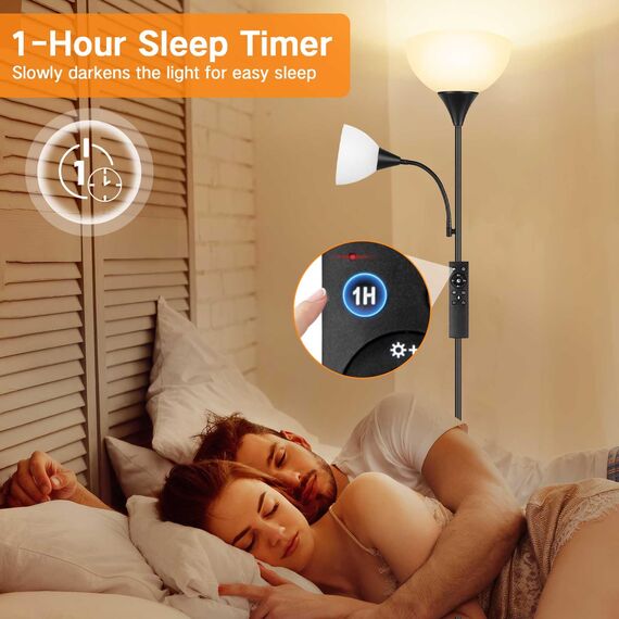 OUTON Stehlampe Wohnzimmer mit Leselampe, LED Dimmbar Deckenfluter, Stehleuchte mit Fernbedienung, 4 Farbtemperaturen, 1H Timer, Speicherfunktion, und 9W Glühbirnen, für Büro Schlafzimmer (Schwarz)