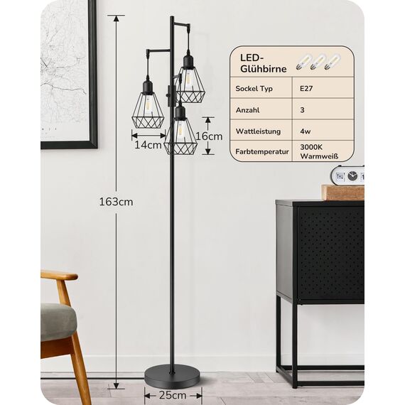 EDISHINE Stehlampe Wohnzimmer 166cm, Vintage Standleuchte Dimmbar, Industrial Stehleuchte Schwarz mit LED E27 Leuchtmittel, 3 Käfig Lampenschirm aus Metall, für Modern Deko Schlafzimmer, Geschenk