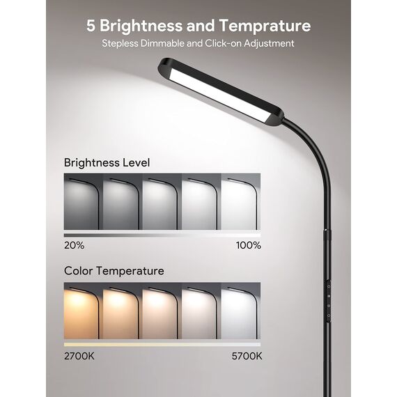 MediAcous LED Stehlampe, 12W Stehlampe Dimmbar mit Einstellbarer 2700K-5700K Farbtemperatur & 5 Helligkeitsstufen, LED Floor Lamp mit Fernbedienung, 1H Timer und Speicherfunktion (Schwarz)