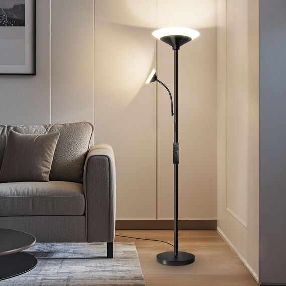 BBHome Stehlampe Wohnzimmer LED, 27W Deckenfluter LED Dimmbar mit 6W leselampe, 3000K-6500K Moderne Dimmbar Stehlampe mit Fernbedienung & Berührung für Wohnzimmer, Schlafzimmer, Büro (schwarz)