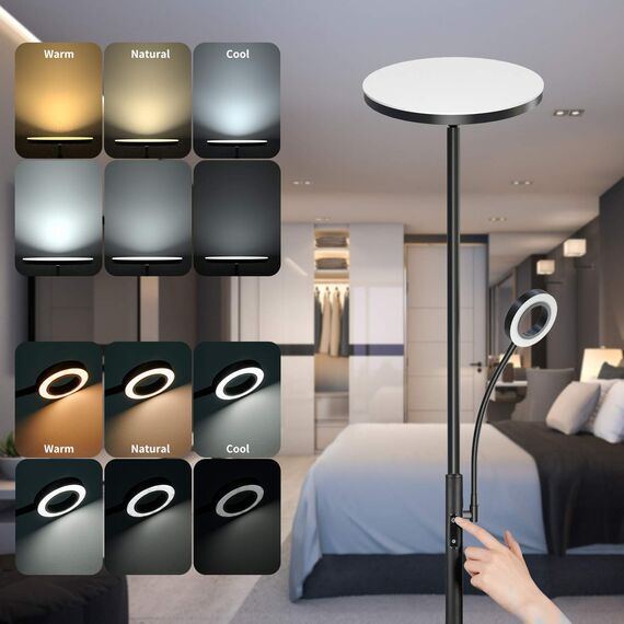 Modlicht 35W Stehlampe LED Dimmbar Schwarz, 4200LM Stehlampe Leselampe mit Fernbedienung & Touch-Steuerung, 3000-6000K Deckenfluter LED mit Leselampe, Standleuchten für Wohnzimmer Schlafzimmer Büro