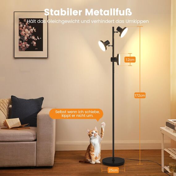 SIBRILLE Stehlampe LED Dimmbar, 36W Deckenfluter LED Dimmbar 2500LM mit Fernbedienung & Berührung 2700K-6500K, 3-Licht Leselampe Moderne Stehleuchte Stehlampe für Wohnzimmer Schlafzimmer Büro Hotel