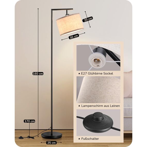 EDISHINE Stehlampe Wohnzimmer 160cm, Bogenlampe Modern mit Beigen Verstellem Leinen-Lampenschirm, LED E27 Glühbirne inklusive, Schwarz Leselampe Stehleuchte für Schlafzimmer, Kinderzimmer