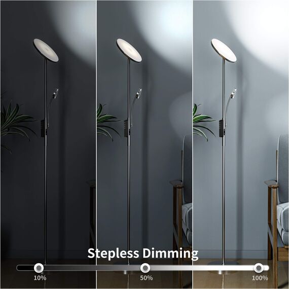 Anten Deckenfluter Klara mit Leselampe | Nickel matt | 30W dimmbare Led Stehlampe mit Fernbedienung | 3 Lichtfarbe | Helligkeit stufenlos einstellbar | helle Stehlampen für Wohnzimmer Büro.
