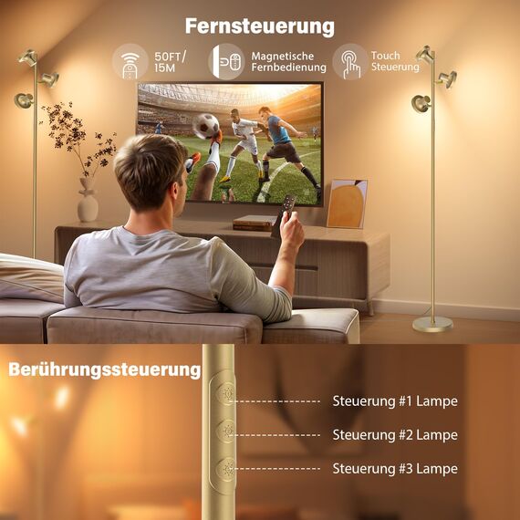 SIBRILLE Stehlampe Wohnzimmer 36W 2500LM Stehlampe LED Dimmbar, Fernbedienung&Touch-Steuerung, 2700K-6500K 3-Licht Leselampe Stehleuchte Moderne Deckenfluter LED Dimmbar für Wohnzimmer Büro, Gold