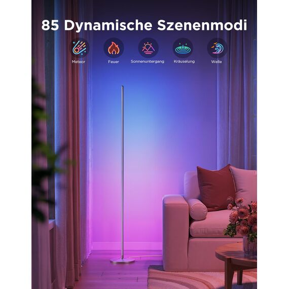 Govee RGBIC LED Stehlampe Wohnzimmer, 1000lm Stehleuchte Dimmbar, Arbeiten mit Matter & Alexa, 85 Szenenmodi, 16 Millionen Farben, DIY & Musikmodi, 136cm Ecklampe für Schlafzimmer Deko, Silber