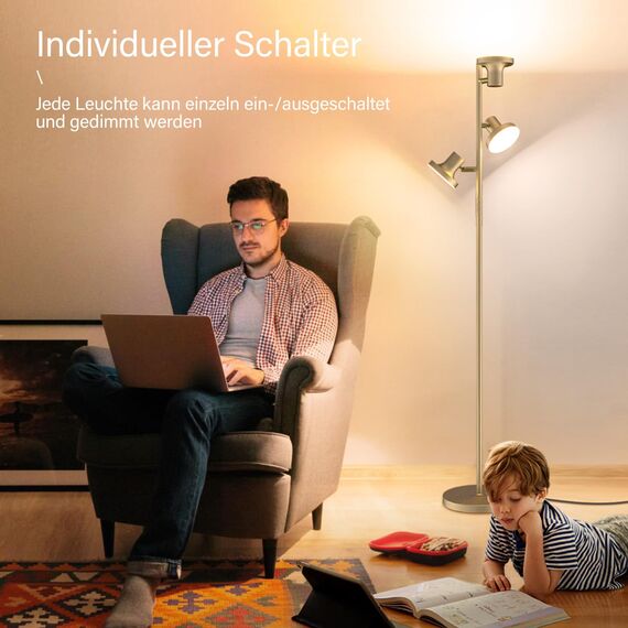 SIBRILLE Stehlampe Wohnzimmer 36W 2500LM Stehlampe LED Dimmbar, Fernbedienung&Touch-Steuerung, 2700K-6500K 3-Licht Leselampe Stehleuchte Moderne Deckenfluter LED Dimmbar für Wohnzimmer Büro, Gold