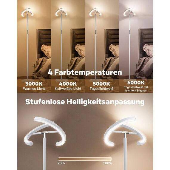 SIBRILLE Stehlampe Wohnzimmer, LED Stehlampe Dimmbar 1300LM Deckenfluter LED Dimmbar mit Fernbedienung 3000K-6000K Leselampe Weiß, Touch Stehleuchte für Wohnzimmer Schlafzimmer Büro