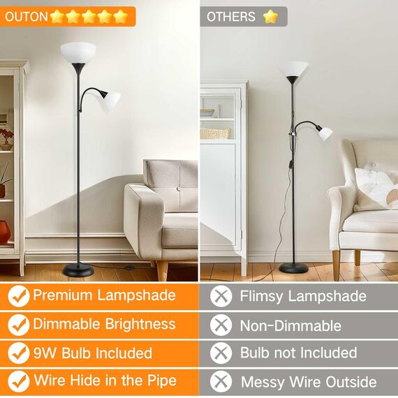 OUTON Stehlampe Wohnzimmer mit Leselampe, LED Dimmbar Deckenfluter, Stehleuchte mit Fernbedienung, 4 Farbtemperaturen, 1H Timer, Speicherfunktion, und 9W Glühbirnen, für Büro Schlafzimmer (Schwarz)