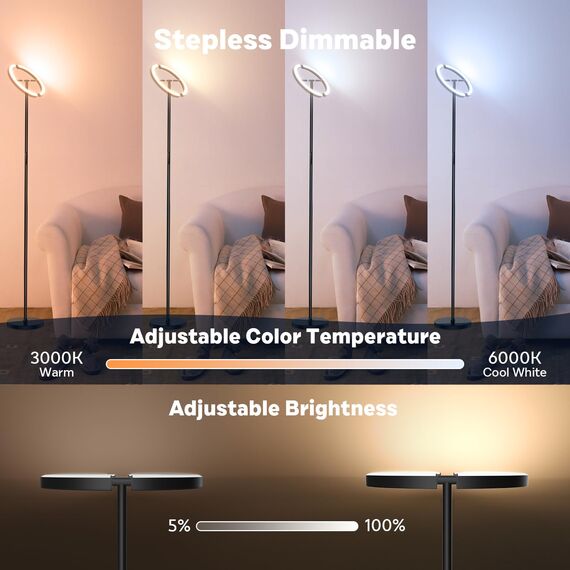 SIBRILLE RGB Stehlampe Wohnzimmer LED Dimmbar 20W, LED Stehlampe RGB Modern Deckenfluter mit Fernbedienung 1300lm, 3000K-6000K Touch Stehleuchte Leselampe für Wohnzimmer Schlafzimmer Büro Hotel
