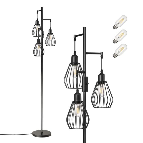 EDISHINE Stehlampe Wohnzimmer, 3-flammige Stehleuchte Dimmbar mit E27 LED-Glühbirnen, Käfig Lampenschirm aus Metall, 2700K warmweiß, Industrial Standleuchte für Schlafzimmer und Büro, 166 cm, Schwarz