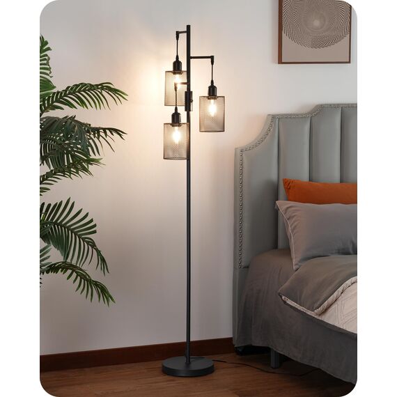 EDISHINE Stehlampe Wohnzimmer Dimmbar, 3 Käfig Lampenschirm aus Metall, 163cm Retro Standleuchte, Industrial Stehleuchte Schwarz mit LED E27 Leuchtmittel, für Modern Deko Schlafzimmer, Geschenk