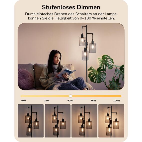 EDISHINE Stehlampe Wohnzimmer Dimmbar, 3 Käfig Lampenschirm aus Metall, 163cm Retro Standleuchte, Industrial Stehleuchte Schwarz mit LED E27 Leuchtmittel, für Modern Deko Schlafzimmer, Geschenk