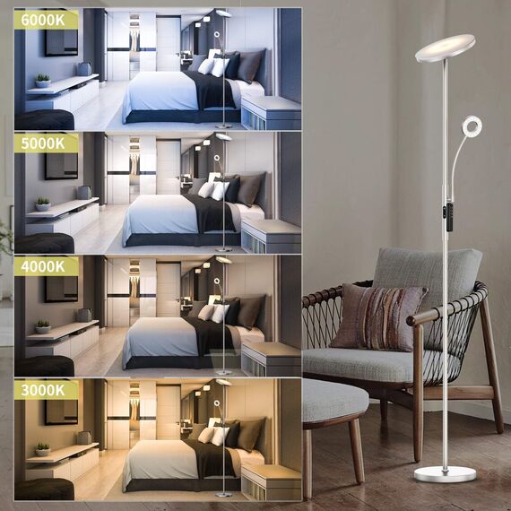 Anten Deckenfluter Klara mit Leselampe | Nickel matt | 30W dimmbare Led Stehlampe mit Fernbedienung | 3 Lichtfarbe | Helligkeit stufenlos einstellbar | helle Stehlampen für Wohnzimmer Büro.