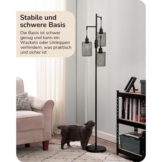 EDISHINE Stehlampe Wohnzimmer Dimmbar, 3 Käfig Lampenschirm aus Metall, 163cm Retro Standleuchte, Industrial Stehleuchte Schwarz mit LED E27 Leuchtmittel, für Modern Deko Schlafzimmer, Geschenk