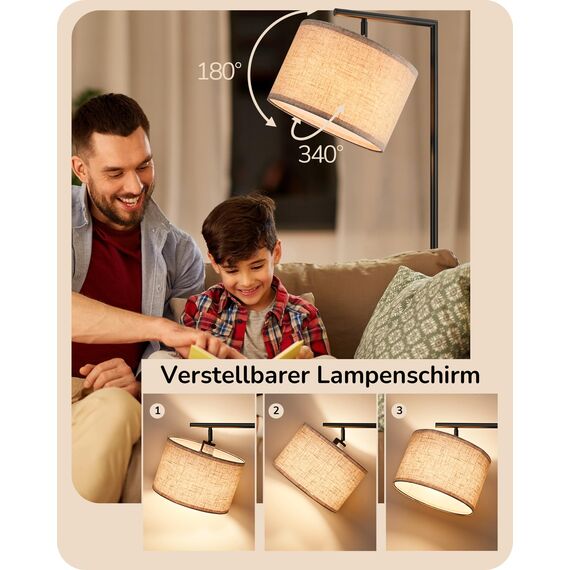 EDISHINE Stehlampe Wohnzimmer 160cm, Bogenlampe Modern mit Beigen Verstellem Leinen-Lampenschirm, LED E27 Glühbirne inklusive, Schwarz Leselampe Stehleuchte für Schlafzimmer, Kinderzimmer