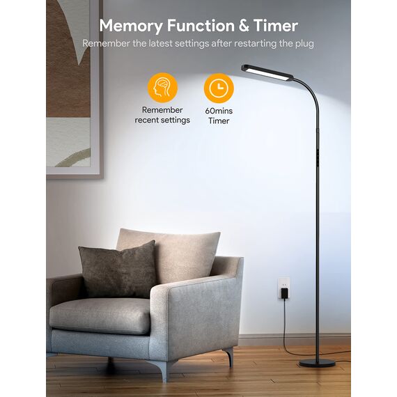 MediAcous LED Stehlampe, 12W Stehlampe Dimmbar mit Einstellbarer 2700K-5700K Farbtemperatur & 5 Helligkeitsstufen, LED Floor Lamp mit Fernbedienung, 1H Timer und Speicherfunktion (Schwarz)