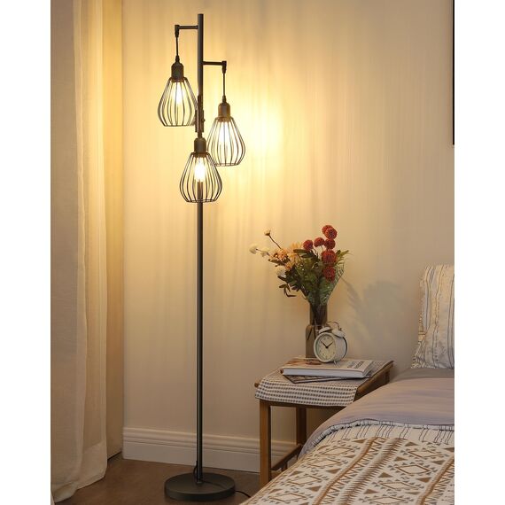 EDISHINE Stehlampe Wohnzimmer, 3-flammige Stehleuchte Dimmbar mit E27 LED-Glühbirnen, Käfig Lampenschirm aus Metall, 2700K warmweiß, Industrial Standleuchte für Schlafzimmer und Büro, 166 cm, Schwarz