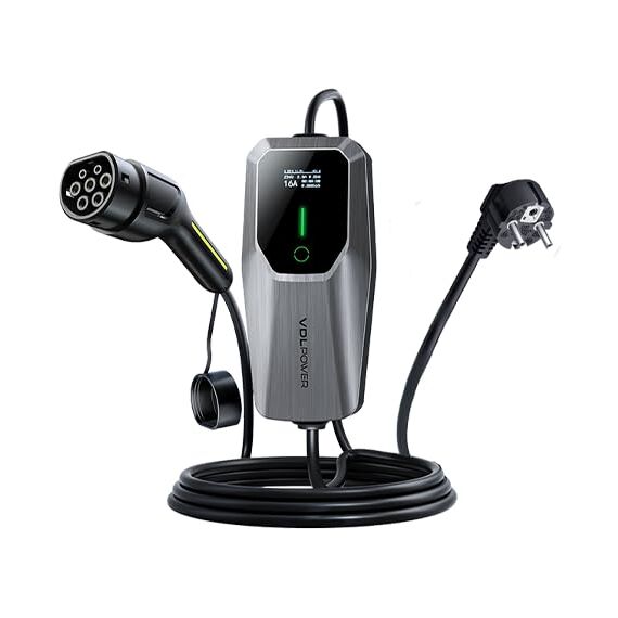 Ladekabel Typ 2, 3.68KW /5M Ladekabel Elektroauto, 6A-16A LED-Anzeige Tragbare EV Ladegerät, Typ 2 für Elektrofahrzeuge mit Einphasigem EU-Schuko, IP65(Norm IEC 62196-2)