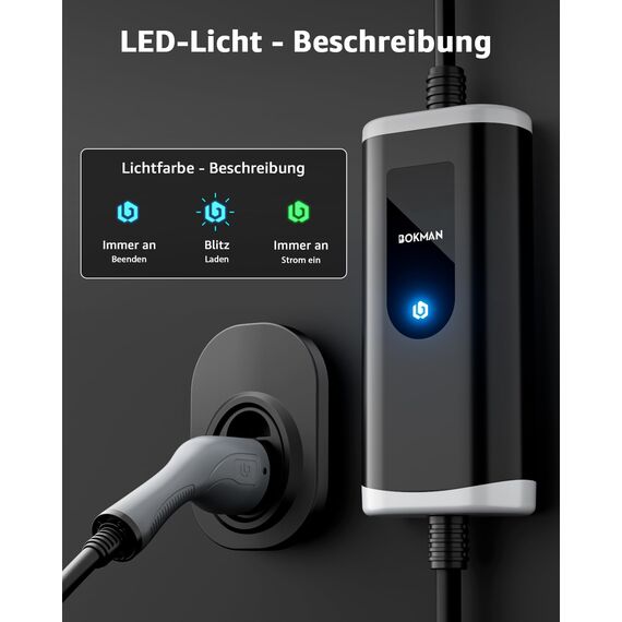 bokman Typ 2 Schuko EV-Ladegerät, 8 Meter | 16A | 3,68kW | IP65 Wasserdicht, Tragbares EV-Ladegerät für IEC 62196-2 mit Tragetasche & Mikrofaserhandtuch