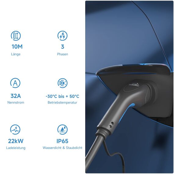 EVDANCE Typ 2 Ladekabel für EV, 22kW 32A 10m 3-Phasen Elektroauto-Ladekabel mit Tasche, Typ 2 zu Typ 2 EV/PHEV Ladekabel Auto, IP65 Wasserdicht (IEC 62196-2)