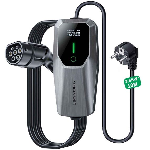VDLPOWEREU Ladekabel Typ 2, 3.6KW /10M Ladestation Elektroauto Schuko, 6A-16A LED-Anzeige Tragbare EV Ladegerät, Typ 2 Ladekabel für Elektrofahrzeuge mit Einphasigem EU-Schuko, IP65(Norm IEC 62196-2)