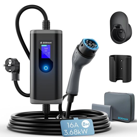 bokman Typ 2 Ladekabel Schuko, 3,68kW | 8 Meter | 6-16A | 1-phasig | IP65 Wasserdicht, Tragbares EV-Ladegerät für IEC 62196-2 mit Tragetasche & Mikrofaserhandtuch