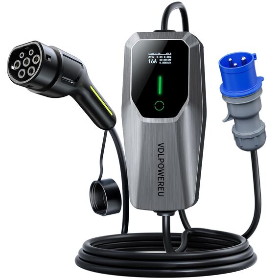 VDLPOWEREU Typ 2 Ladekabel, 7.36KW EV Ladegerät, 32A 5M EV Ladestation mit Dreiphasig PHEV CEE Stecker, Einstellbarer Strom und Einstellung Startzeit für Allen Elektrofahrzeugen IEC 62196-2