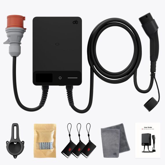 dé Wallbox 22kW mit App und Stromzähler & 7,5m Typ 2 Ladekabel, 3-Phasen EV-Ladegerät (6-32A, 400V), für BEV/PHEV, RCD Typ-B & IP54-Schutz, effiziente Ladestation für Zuhause, Schwarz