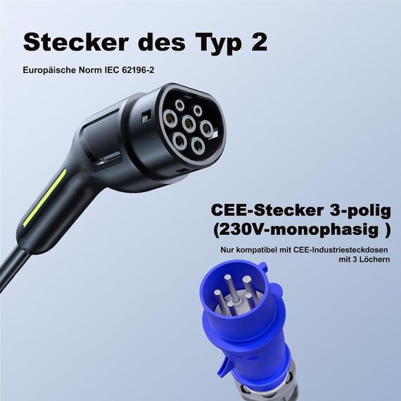 VDLPOWEREU Typ 2 Ladekabel, 7.36KW EV Ladegerät, 32A 5M EV Ladestation mit Dreiphasig PHEV CEE Stecker, Einstellbarer Strom und Einstellung Startzeit für Allen Elektrofahrzeugen IEC 62196-2