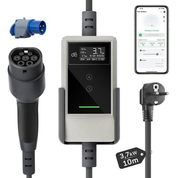 dé Typ 2 Ladekabel Schuko mit APP 3,7kW [10m, 6-16A, 1-phasig] Ladekabel Typ 2 Schuko mit Digitalem LCD - EV Charger 3,7kW Weiß für e Auto ID.3/4/5/7, Model Y/3, ENYAQ und Anderen PHEV/EV