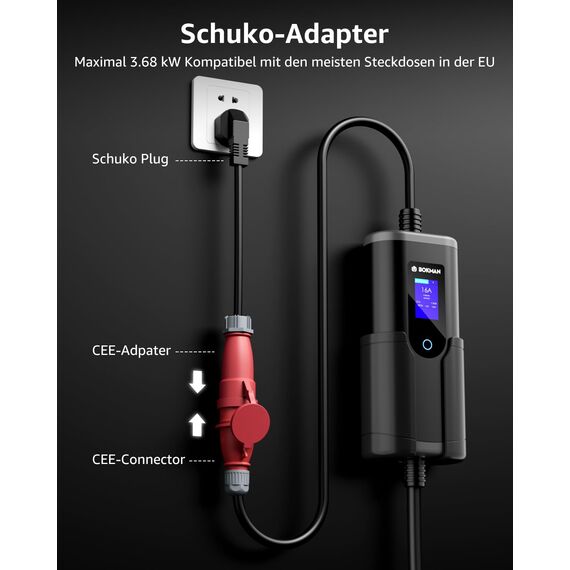 bokman Mobile Wallbox 11kW, Typ 2 Ladekabel mit CEE Stecker & Adapterkabel 8 Meter |16A | 3-Phasig | IP65 Wasserdicht, Tragbares EV-Ladegerät für IEC 62196-2 mit Tragetasche & Mikrofaserhandtuch