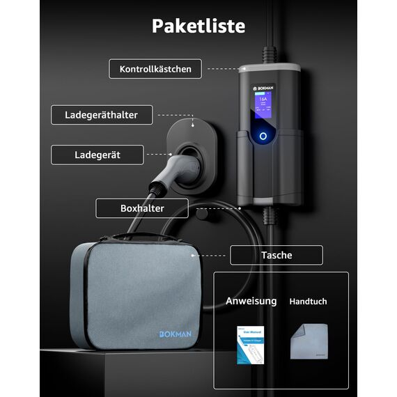 bokman Typ 2 Ladekabel mit CEE Stecker, 8 Meter | 6-16A | 11kW | 3-Phasig | IP65 Wasserdicht, Tragbares EV-Ladegerät und Mobile Wallbox Ladestation für IEC 62196-2 mit Tragetasche & Mikrofaserhandtuch