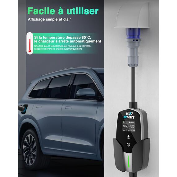 EVDANCE Typ 2 Ladekabel mit CEE Stecker [7.36kW, 1 Phase, 6.1m, 10A-32A] IP66 Wasserdicht, Tragbares EV-Ladekabel und Mobile Wallbox Ladestation für Elektroauto & Hybrid(PHEV/EV), Silber