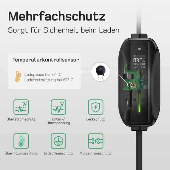dé Ladekabel Typ 2 Schuko 3,68kW[1-phasig, 15m, 6-16A] EV Chargers mit Steuerbarer Digitalanzeige für Elektroauto, Ladekabel e Auto für Model 3/Y, ID.3, ID.4, ID.5, MG4, Q4, Gla und Anderen PHEV/EV