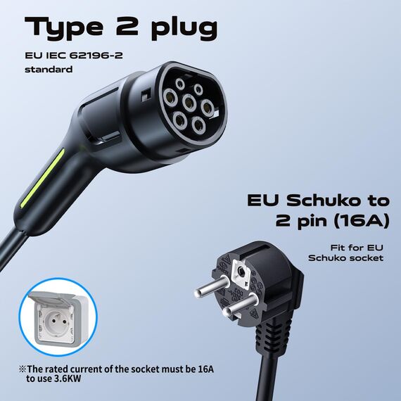 VDLPOWEREU Typ 2 Ladekabel, 3.6KW Ladekabel Elektroauto Typ 2 mit Schuko, 5M 16A Tragbare EV Ladegerät, LadekabelEV Auto, IP65 (IEC 62196-2)，Kompatibel mit MG4, Peugeot, Tesla, e-208