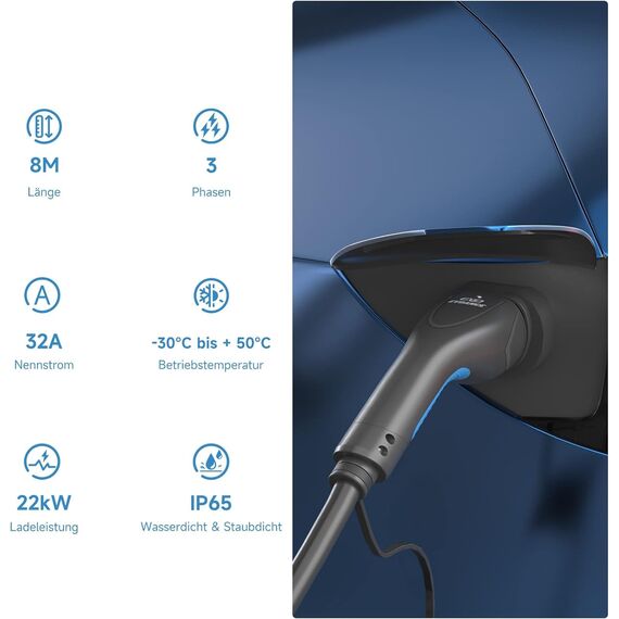 EVDANCE Typ 2 Ladekabel 22kW | 32A | 8m | 3-Phasig | Typ 2 auf Typ 2 | mit Tasche für E Auto EV/PHEV, Kompatibel mit 3/S/X/Y, i3, ID.3, ID.4, E-Tron, IONIQ 5, ZOE, Kona EV, 500e, EQC