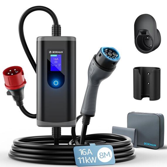 bokman Typ 2 Ladekabel mit CEE Stecker, 8 Meter | 6-16A | 11kW | 3-Phasig | IP65 Wasserdicht, Tragbares EV-Ladegerät und Mobile Wallbox Ladestation für IEC 62196-2 mit Tragetasche & Mikrofaserhandtuch