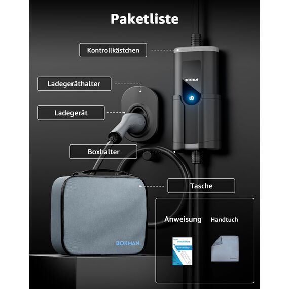 bokman Typ 2 Schuko EV-Ladegerät, 10 Meter | 16A | 3,68kW | IP65 Wasserdicht, Tragbares EV-Ladegerät für IEC 62196-2 mit Tragetasche & Mikrofaserhandtuch